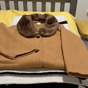 SHEIN Kids Brown Pea Coat with Faux Fur Collar